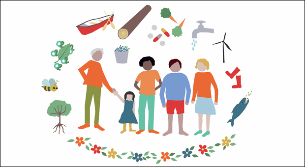 Illustration av vuxna och barn med olika etnisk bakgrund omgivna av en cirkel av symboler för grön näring.