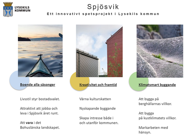 Målbild för Spjösvik: boende alla säsonger, kreativitet och framtid och klimatsmart byggande. 