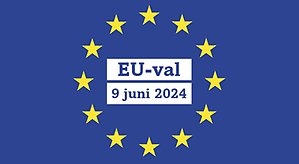EU-flaggan med texten "EU-val 9 juni 2024"